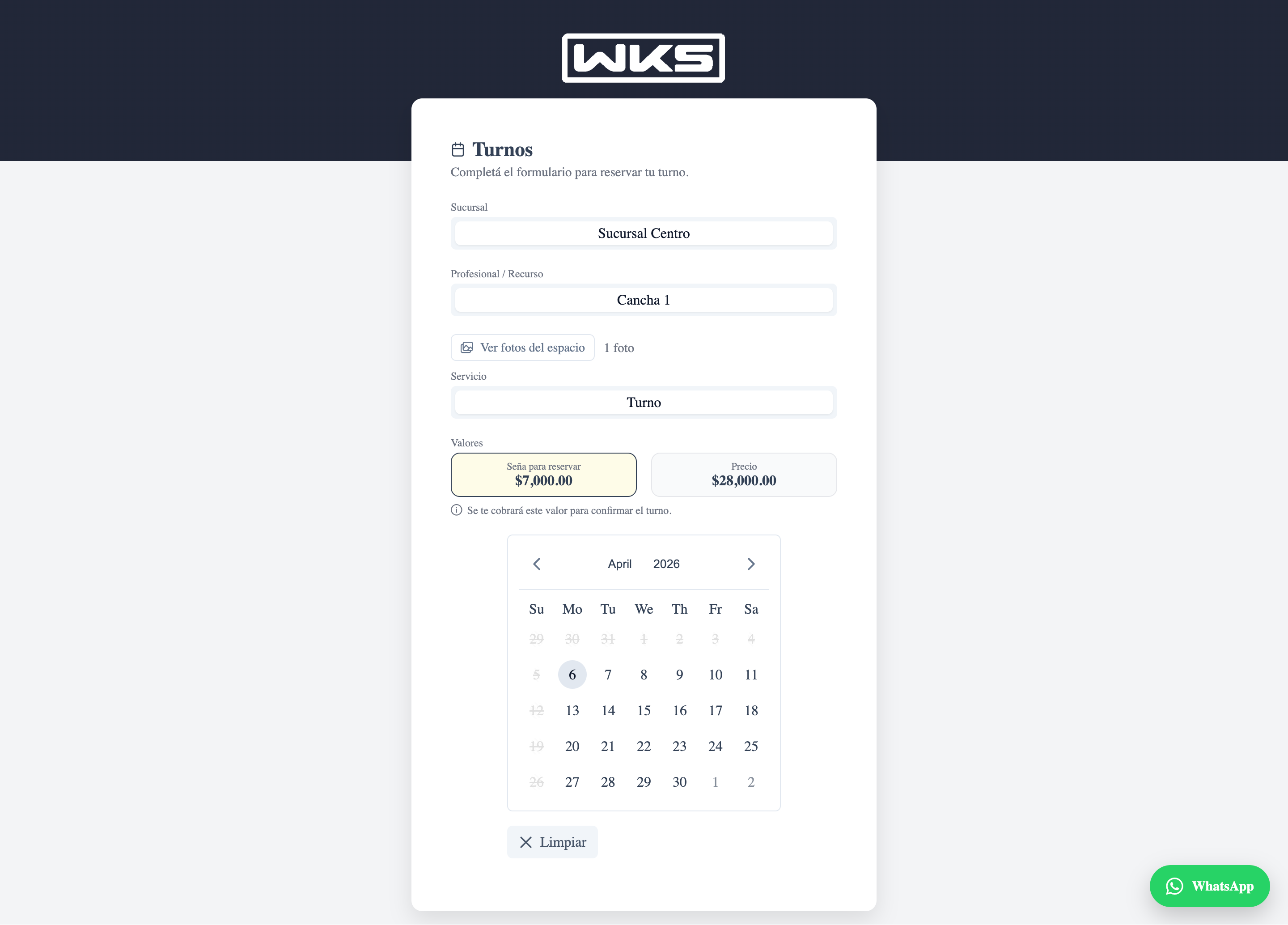 Formulario de reserva de turno: selección de sucursal, recurso y servicio