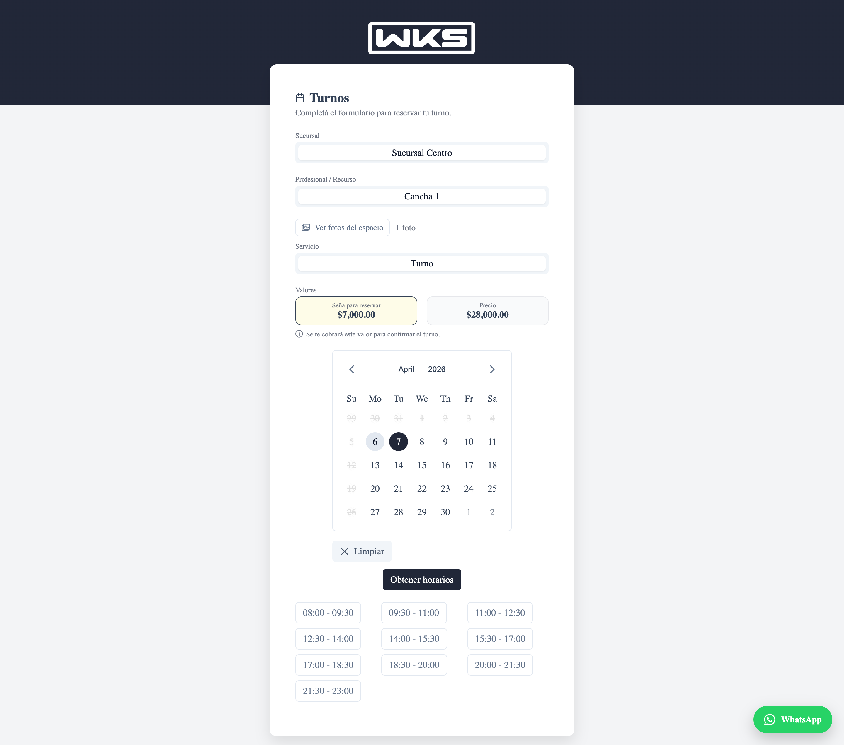 Calendario con fecha seleccionada y horarios disponibles